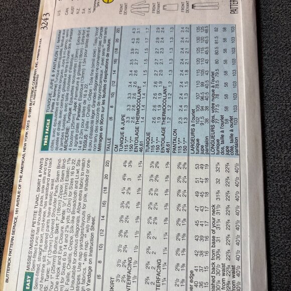 Butterick 3243 Sewing Pattern Size 6-8-10 Blazer Skirt Pants uncut 1990s - Picture 3 of 5